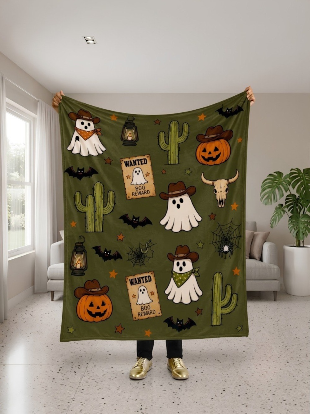Halloween Ghost Cowboy Throw Blanket - Olive Green